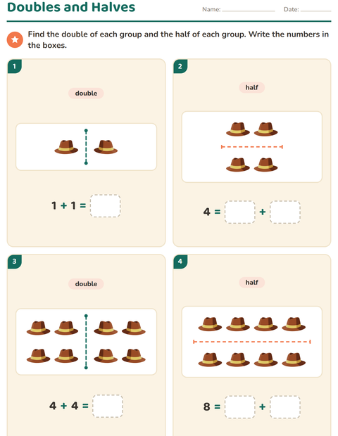 Preview of Doubles and Halves worksheet featuring Beach for grade 1