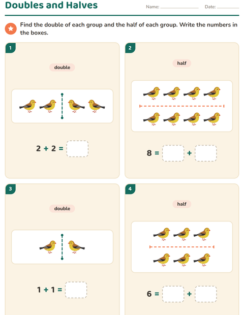 Preview of Doubles and Halves worksheet featuring Birds 2 for grade 1