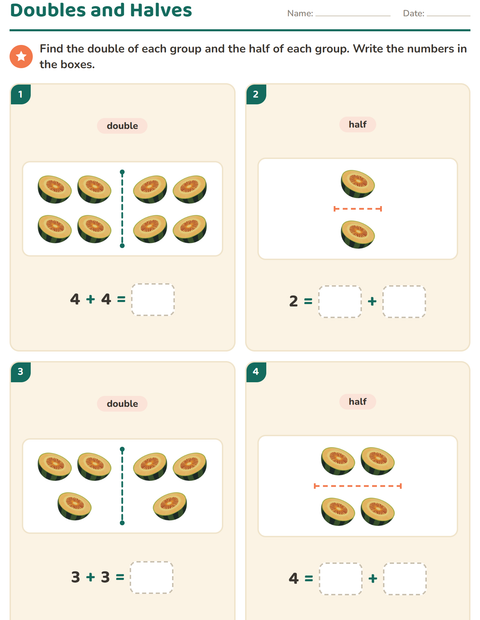 Preview of Doubles and Halves worksheet featuring Breakfast for grade 1
