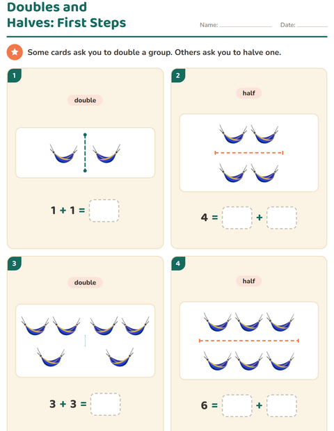 Preview of Doubles and Halves worksheet featuring Camping for grade 1
