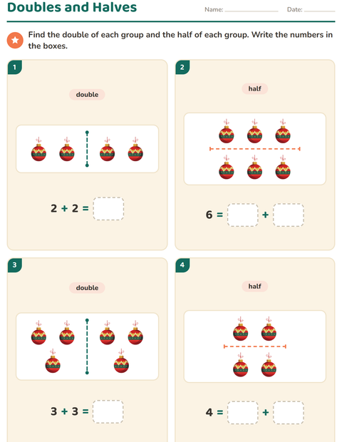 Preview of Doubles and Halves worksheet featuring Christmas for grade 1