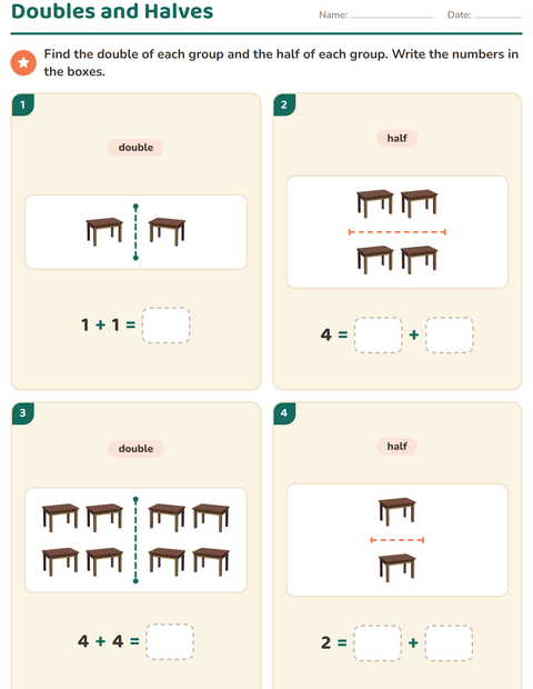 Preview of Doubles and Halves worksheet featuring Classroom for grade 1