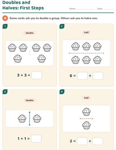 Preview of Doubles and Halves worksheet featuring Dessert (B&W) for grade 1