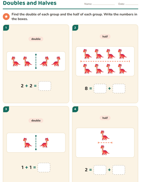 Preview of Doubles and Halves worksheet featuring Dinosaurs for grade 1