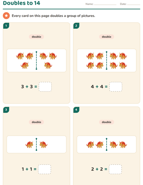 Preview of Doubles and Halves worksheet featuring Dinosaurs for grade 1