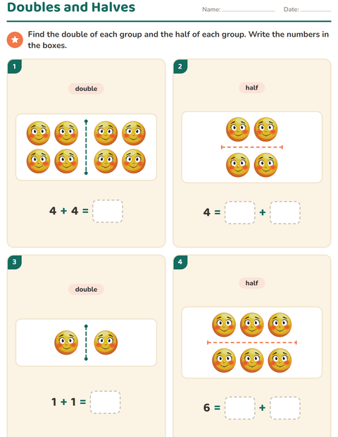 Preview of Doubles and Halves worksheet featuring Emotions for grade 1