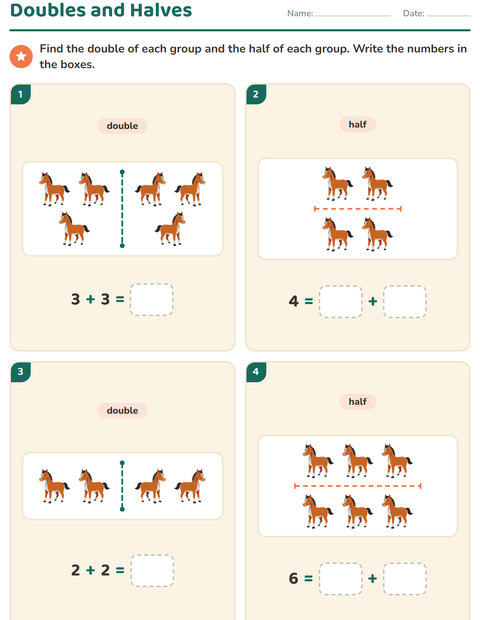 Preview of Doubles and Halves worksheet featuring Farm Animals for grade 1