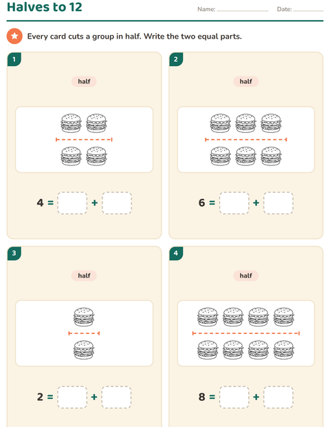 Preview of Doubles and Halves worksheet featuring Food BW 3 for grade 1