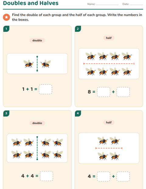 Preview of Doubles and Halves worksheet featuring Forest Creatures for grade 1