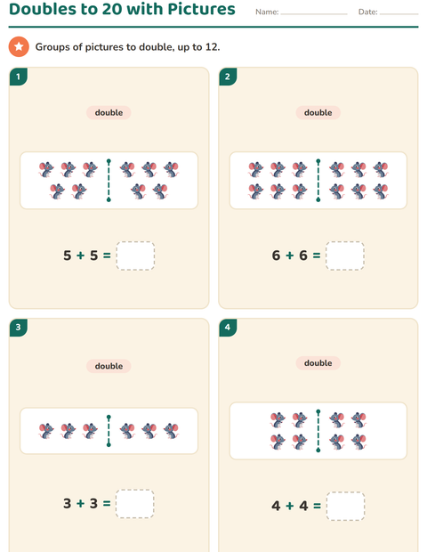 Preview of Doubles and Halves worksheet featuring Forest Creatures for grade 1