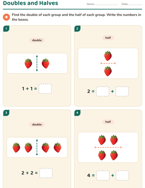 Preview of Doubles and Halves worksheet featuring Fruits for grade 1