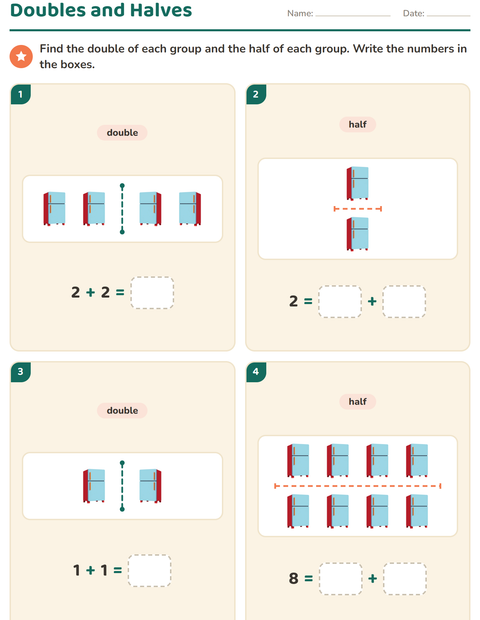 Preview of Doubles and Halves worksheet featuring Kitchen Tools for grade 1