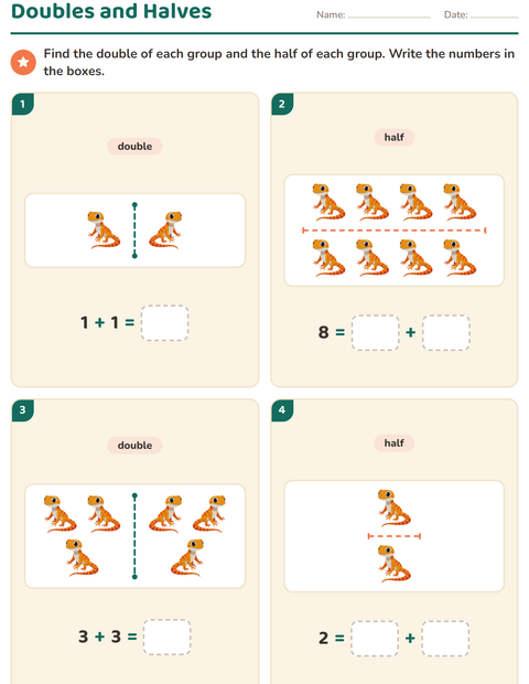 Preview of Doubles and Halves worksheet featuring Pets for grade 1