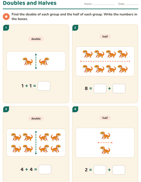 Preview of Doubles and Halves worksheet featuring Reptiles and Amphibians for grade 1