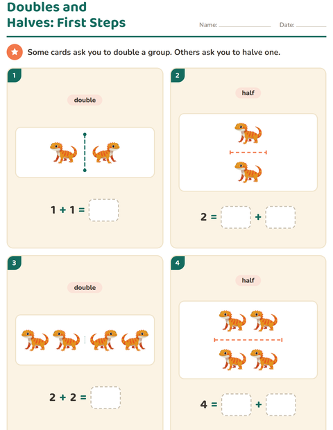 Preview of Doubles and Halves worksheet featuring Reptiles and Amphibians for grade 1
