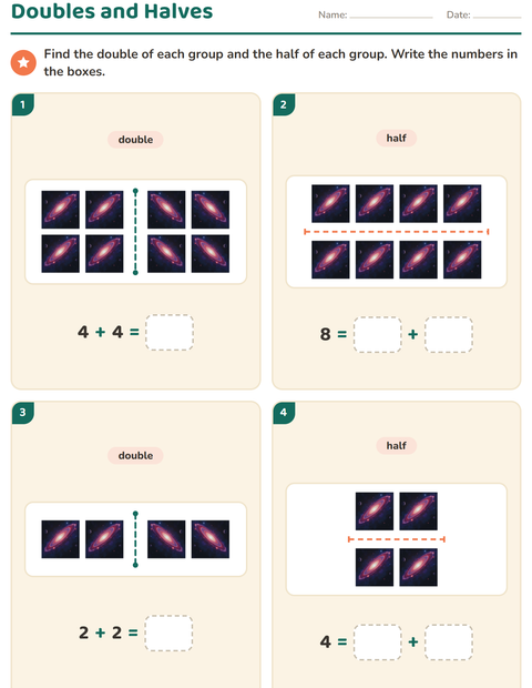 Preview of Doubles and Halves worksheet featuring Space for grade 1