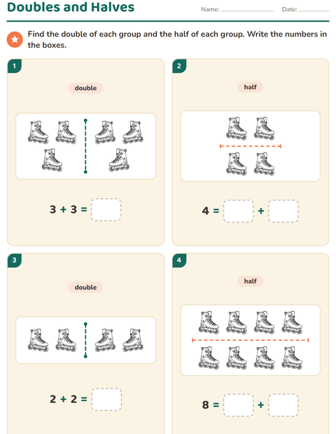 Preview of Doubles and Halves worksheet featuring Sports BW for grade 1