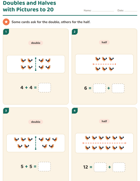 Preview of Doubles and Halves worksheet featuring Spring for grade 1