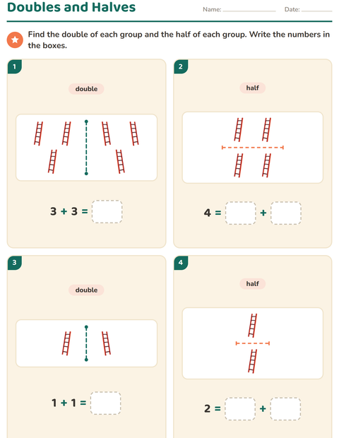 Preview of Doubles and Halves worksheet featuring Tools for grade 1