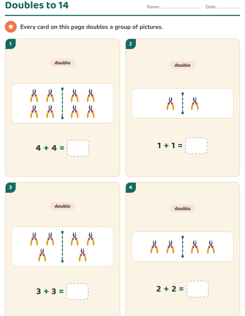Preview of Doubles and Halves worksheet featuring Tools for grade 1