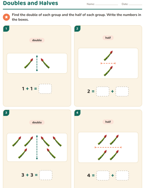 Preview of Doubles and Halves worksheet featuring Vegetables for grade 1