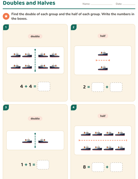 Preview of Doubles and Halves worksheet featuring Vehicles for grade 1