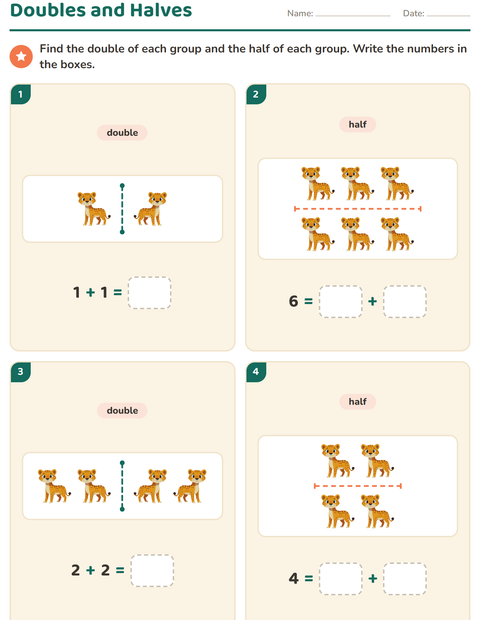Preview of Doubles and Halves worksheet featuring Zoo Animals for grade 1