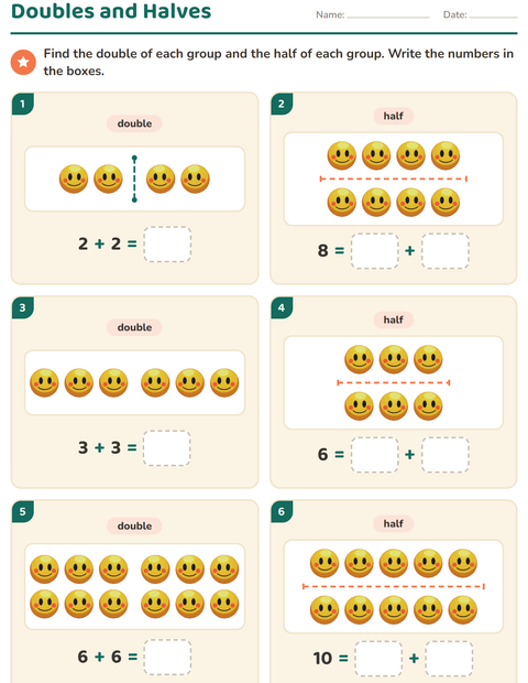 Preview of Doubles and Halves worksheet featuring Emotions for grade 1