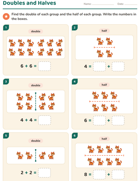 Preview of Doubles and Halves worksheet featuring Farm Animals for grade 1