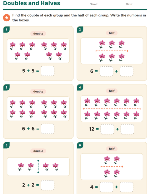 Preview of Doubles and Halves worksheet featuring Flowers for grade 1