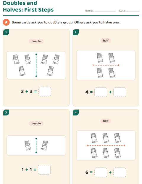 Preview of Doubles and Halves worksheet featuring Food BW for grade 1