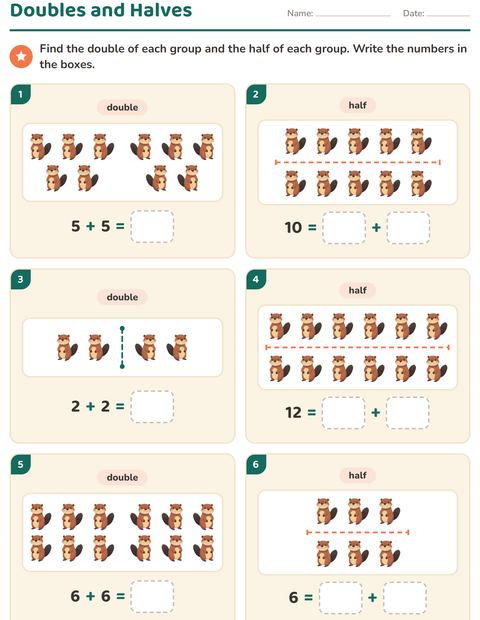Preview of Doubles and Halves worksheet featuring Forest Creatures for grade 1