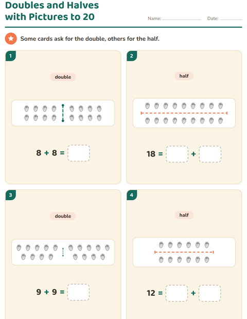 Preview of Doubles and Halves worksheet featuring Fruits BW for grade 1