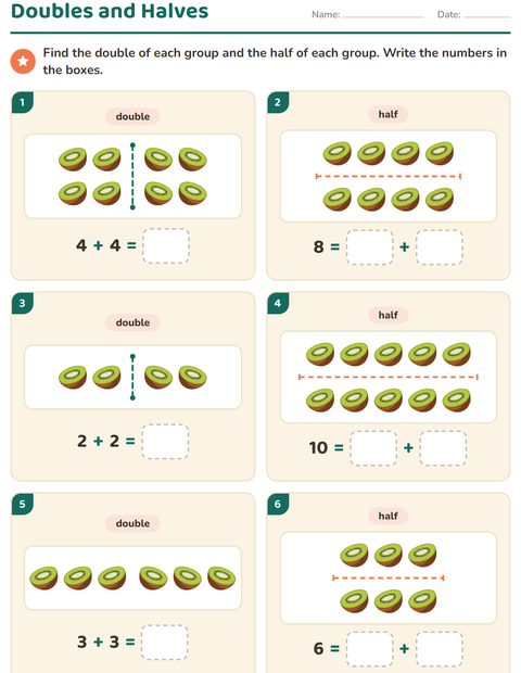 Preview of Doubles and Halves worksheet featuring Fruits for grade 1