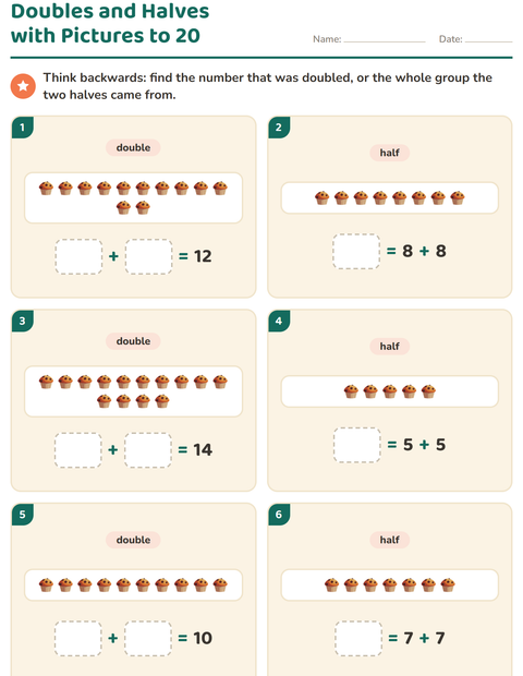 Preview of Doubles and Halves worksheet featuring Bakery for grade 1