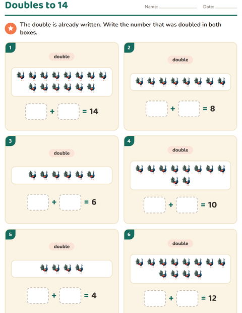 Preview of Doubles and Halves worksheet featuring Birds for grade 1