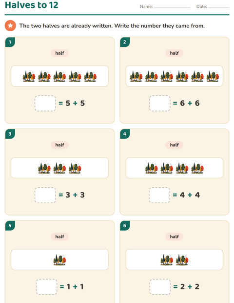 Preview of Doubles and Halves worksheet featuring Camping for grade 1