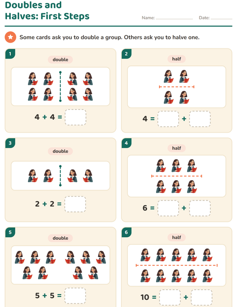 Preview of Doubles and Halves worksheet featuring Classroom for grade 1