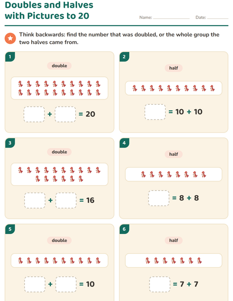 Preview of Doubles and Halves worksheet featuring Dinosaurs for grade 1