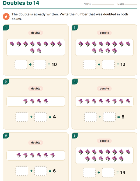 Preview of Doubles and Halves worksheet featuring Flowers for grade 1
