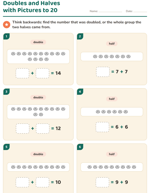 Preview of Doubles and Halves worksheet featuring Food BW for grade 1