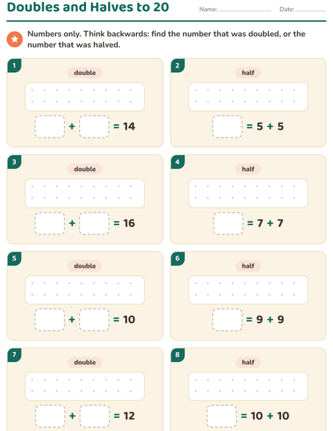 Preview of Doubles and Halves worksheet for grade 1