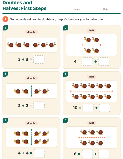 Preview of Doubles and Halves worksheet featuring Insects and Bugs for grade 1