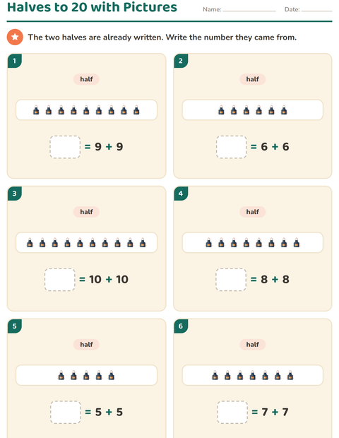 Preview of Doubles and Halves worksheet featuring Kitchen Tools for grade 1