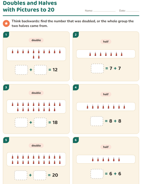 Preview of Doubles and Halves worksheet featuring Music for grade 1