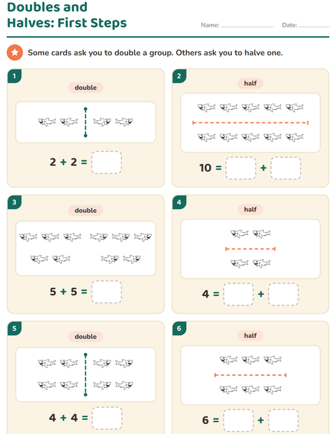 Preview of Doubles and Halves worksheet featuring Sea Life BW 2 for grade 1