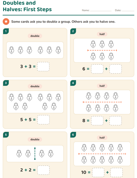 Preview of Doubles and Halves worksheet featuring Valentine BW for grade 1