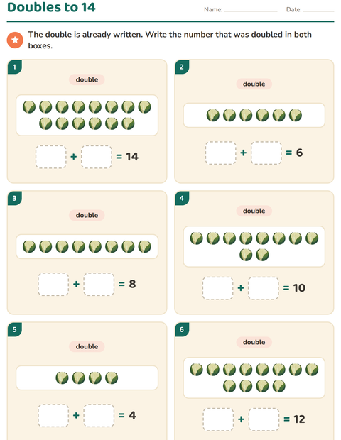 Preview of Doubles and Halves worksheet featuring Vegetables for grade 1