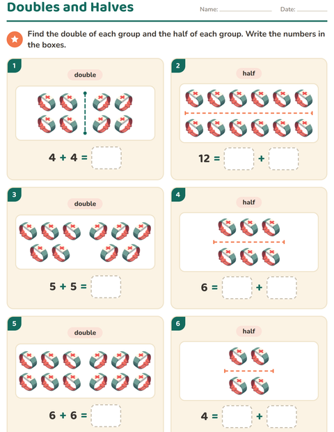Preview of Doubles and Halves worksheet featuring Hospital for grade 1