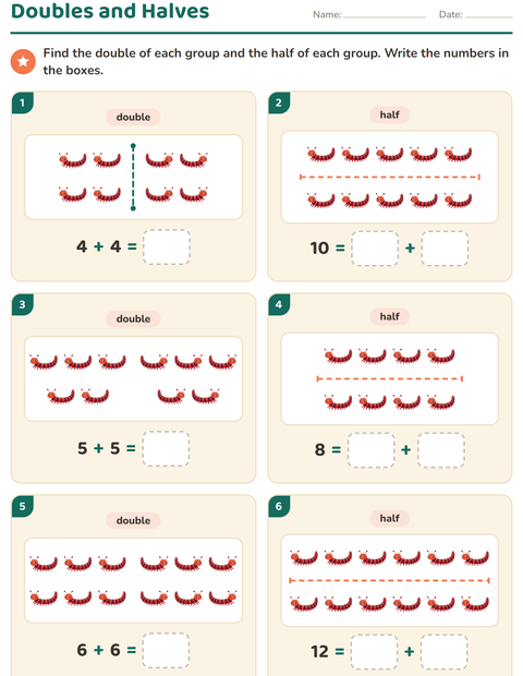 Preview of Doubles and Halves worksheet featuring Insects and Bugs for grade 1